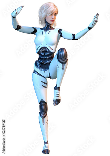 3D Rendering Female Robot on White