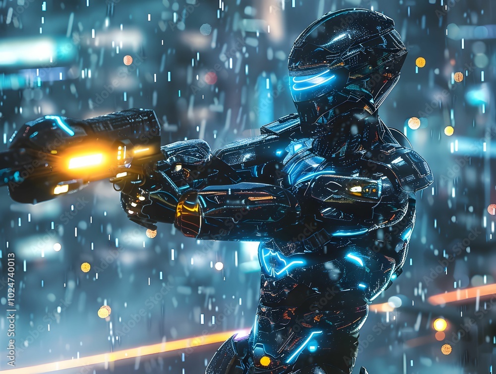 A man in a futuristic suit is holding a gun and standing in the rain A man in a futuristic suit is holding a gun and standing in the rain