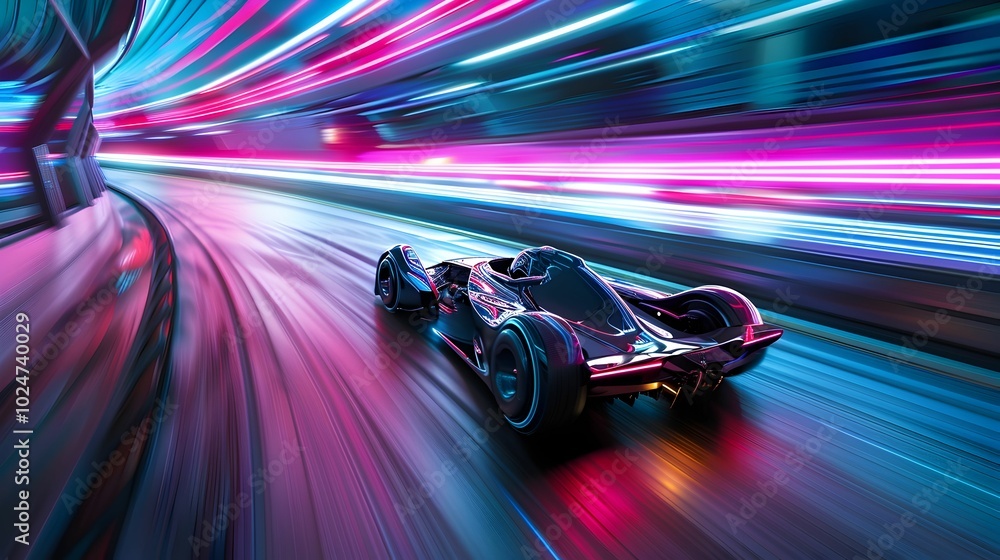 A car is racing down a track with a bright neon light in the background A car is racing down a track with a bright neon light in the background
