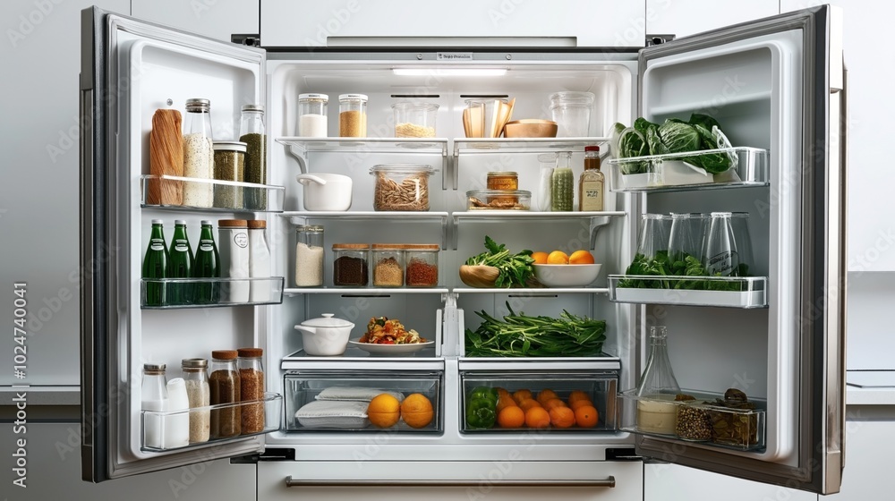 Open refrigerator filled with organized food items in glass containers, fresh vegetables, and beverages in bottles and jars. Open refrigerator filled with organized food items in glass containers, fresh vegetables, and beverages in bottles and jars.
