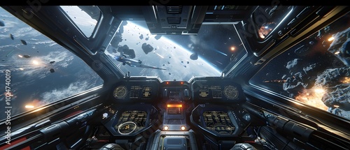 Fototapeta Naklejka Na Ścianę i Meble -  A space ship cockpit with a view of the stars and a planet