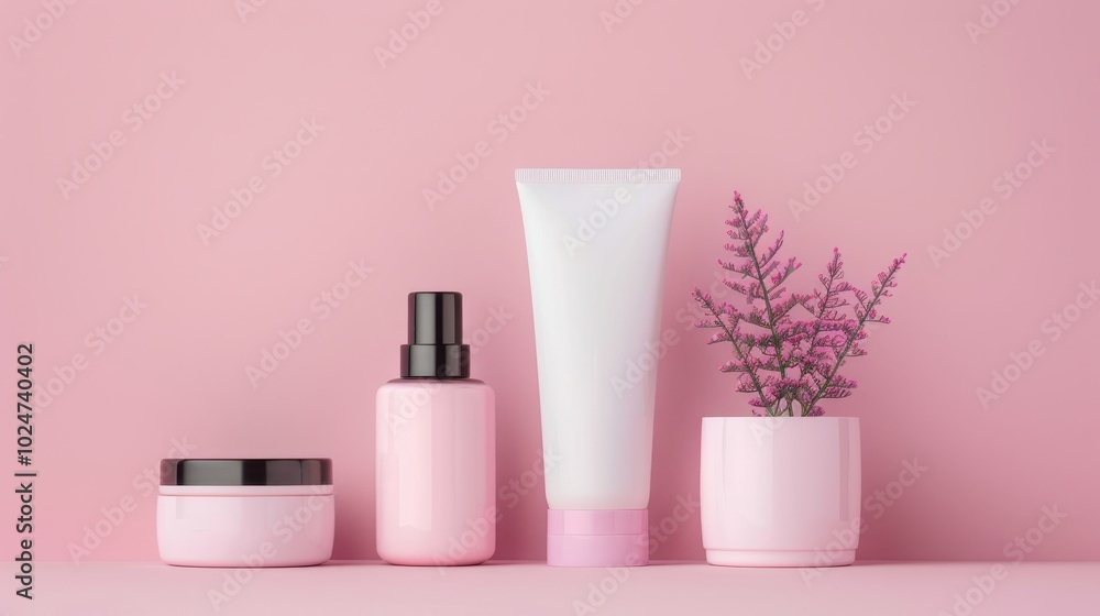 Pink Cosmetic Products and Flower on Pink Background Pink Cosmetic Products and Flower on Pink Background