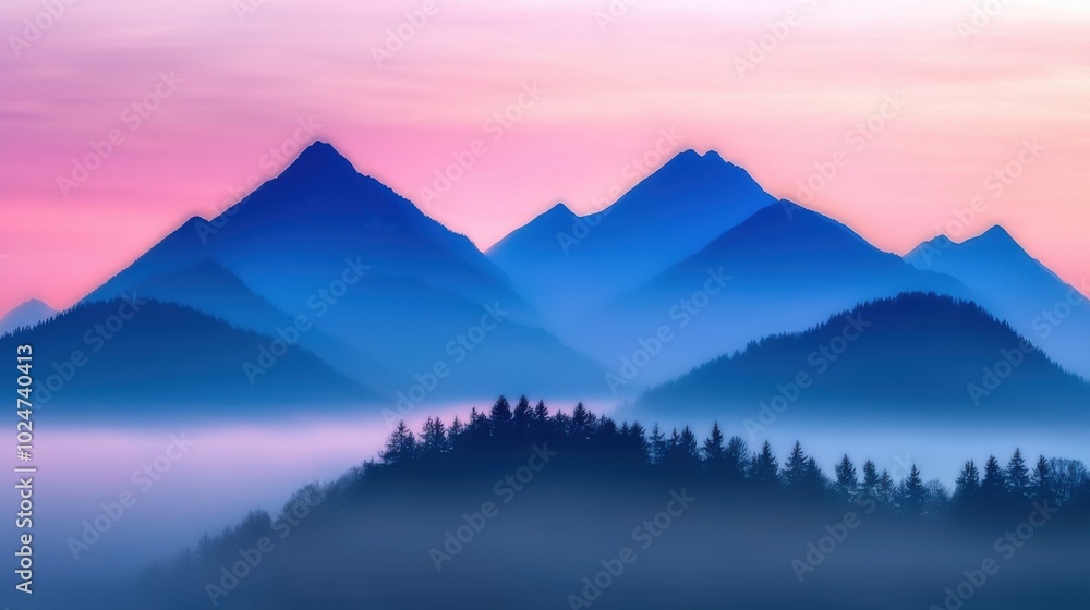 Fototapeta premium Nature landscape with foggy mountains and trees