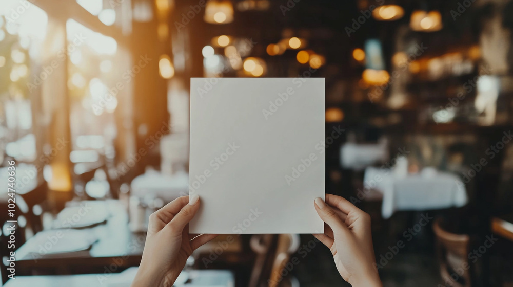 Woman's hands holding a blank white A4-sized paper mockup in a restaurant. This is a mockup template for menu Woman's hands holding a blank white A4-sized paper mockup in a restaurant. This is a mockup template for menu