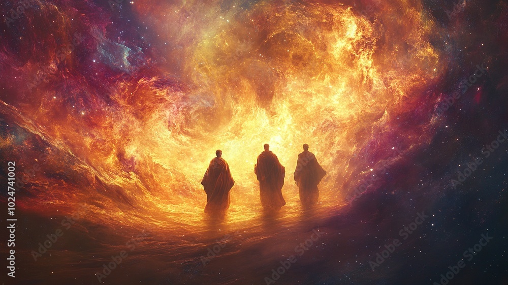 Depiction of Shadrach, Meshach, and Abednego standing firm in a fiery furnace amidst a vibrant nebula, highlighted by divine light rays symbolizing their faith. Blank area for copy space. Depiction of Shadrach, Meshach, and Abednego standing firm in a fiery furnace amidst a vibrant nebula, highlighted by divine light rays symbolizing their faith. Blank area for copy space.