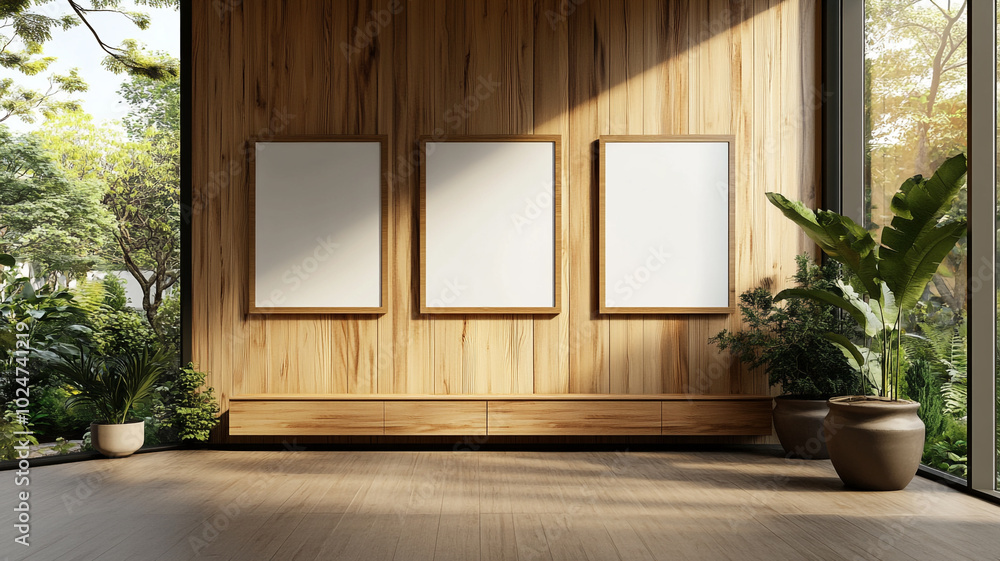 Wooden room with three blank posters on the wall Wooden room with three blank posters on the wall
