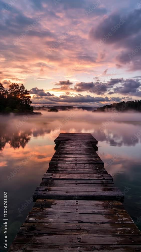 Vertical video of Serene Dock at Tranquil Lake Stunning Reflection of Clouds and Mist During Sunset, Embracing Natures Peaceful Beauty Vertical video of Serene Dock at Tranquil Lake Stunning Reflection of Clouds and Mist During Sunset, Embracing Natures Peaceful Beauty