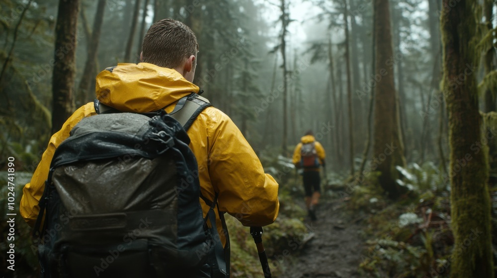 Spring adventure: hikers in yellow jackets exploring misty forest trails Spring adventure: hikers in yellow jackets exploring misty forest trails