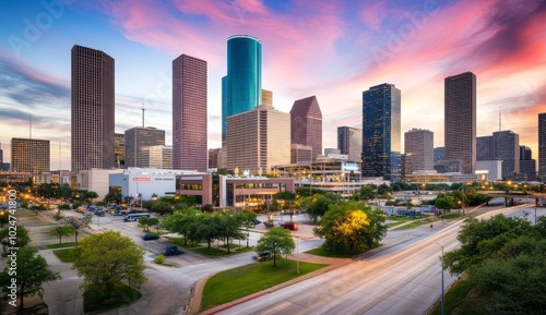 the cityscape of Houston, Texas at dusk with lights on in skyscrapers