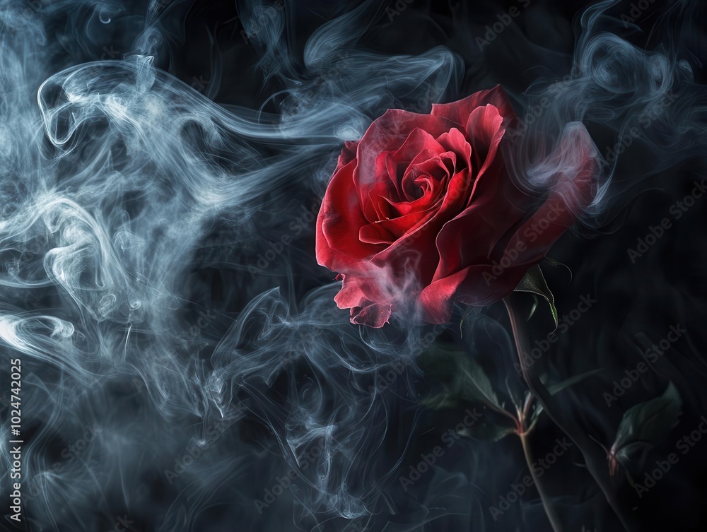 smoky rose enigma deep red rose enveloped by tendrils of dark smoke against a pitch-black background, creating a dramatic and mysterious floral composition smoky rose enigma deep red rose enveloped by tendrils of dark smoke against a pitch-black background, creating a dramatic and mysterious floral composition