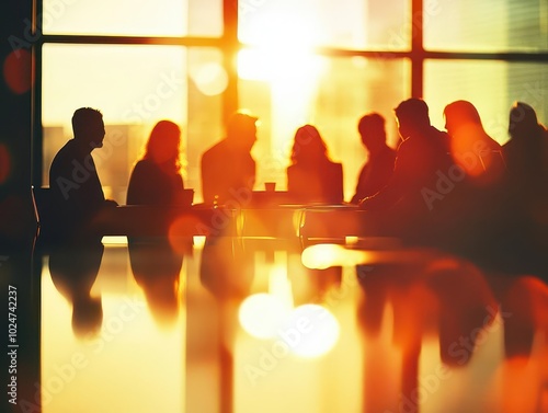 soft-focus image of diverse business team gathered around conference table, blurred figures lean in discussing strategy, warm lighting creates intimate atmosphere of collaboration