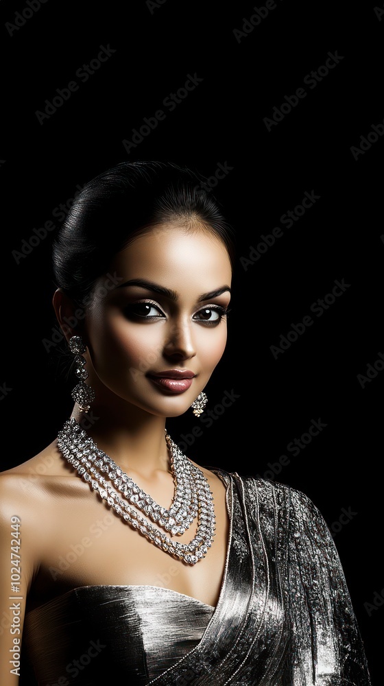 Indian woman wearing a diamond necklace and earrings against a black background, luxury jewelry, cultural fashion, traditional beauty Indian woman wearing a diamond necklace and earrings against a black background, luxury jewelry, cultural fashion, traditional beauty