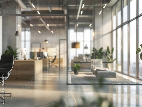 sophisticated open-plan office with floor-to-ceiling windows, bathed in soft natural light. blurred foreground emphasizes spaciousness, modern furnishings, and collaborative workspace design.