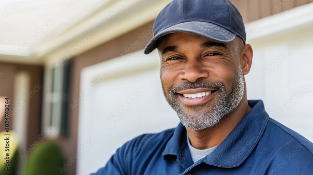 Fototapeta premium Confident man in blue work uniform smiling outdoors for professional lifestyle use