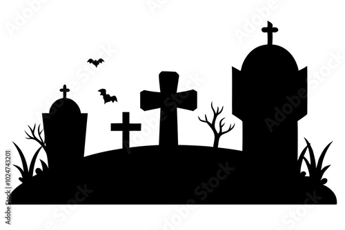 Creepy tombstones in a graveyard | vector silhouette illustration on white background