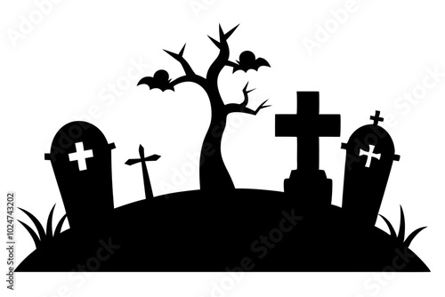 Creepy tombstones in a graveyard | vector silhouette illustration on white background