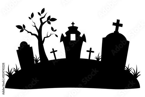 Creepy tombstones in a graveyard | vector silhouette illustration on white background