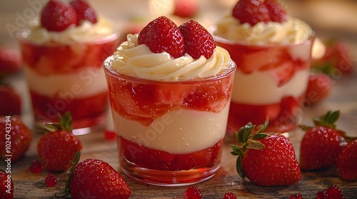 Delicious strawberry parfait with fresh berries and cream topping