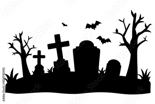 Creepy tombstones in a graveyard | vector silhouette illustration on white background