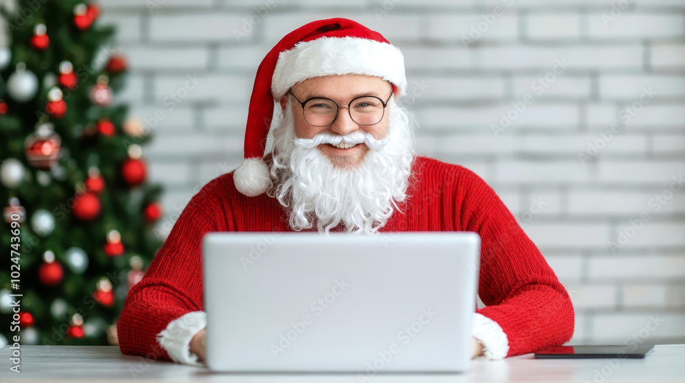 Naklejka premium Confident young businessman Santa Claus working in online store for business Small business owner at his desk online shop christmas sale SME and dropshipping