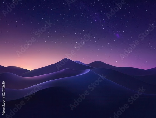 surreal desert landscape at night with smooth dunes under a gradient sky filled with brilliant stars. minimalist composition with a dreamy, otherworldly atmosphere.