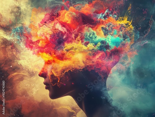 surreal digital illustration depicting a person's head exploding into a cosmic array of vibrant thoughts, memories, and emotions. abstract representation of creativity and consciousness.