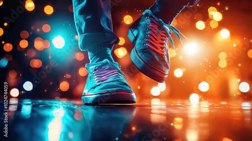 Dynamic Rhythmic Dance: Close-up of Vibrant Blue and Pink Sneakers Tapping on Polished Wood Floor with Blurred Motion Effect and Colorful Lights