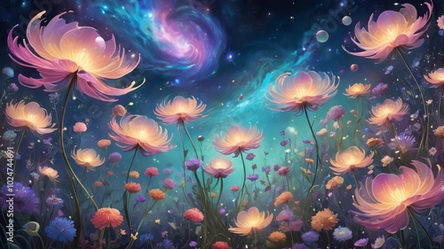 illustration of flowers against galaxy photo