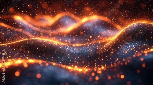 An abstract representation of waves illuminated by vibrant orange and blue lights, creating a mesmerizing effect with shimmering particles throughout.