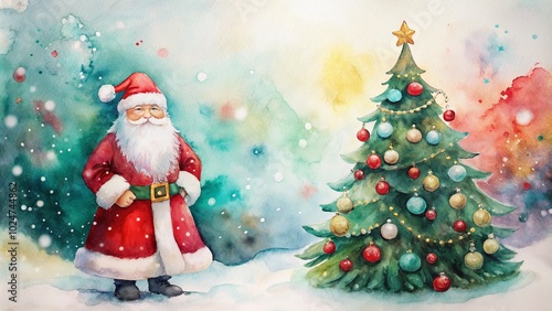 Santa Claus and decorated Christmas tree in watercolor style