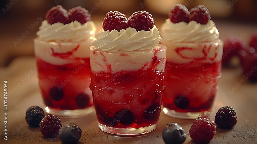 Delicious raspberry parfaits with cream and fresh berries in glasses Delicious raspberry parfaits with cream and fresh berries in glasses