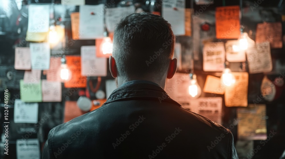 Man in leather jacket contemplating illuminated wall of papers for investigation Man in leather jacket contemplating illuminated wall of papers for investigation