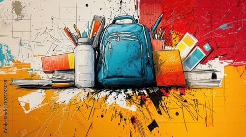 A sketchy, hand-drawn collage of school supplies such as backpacks, textbooks, water bottles, and art materials, surrounded by an energetic, multicolored explosion of vibrant hues 
