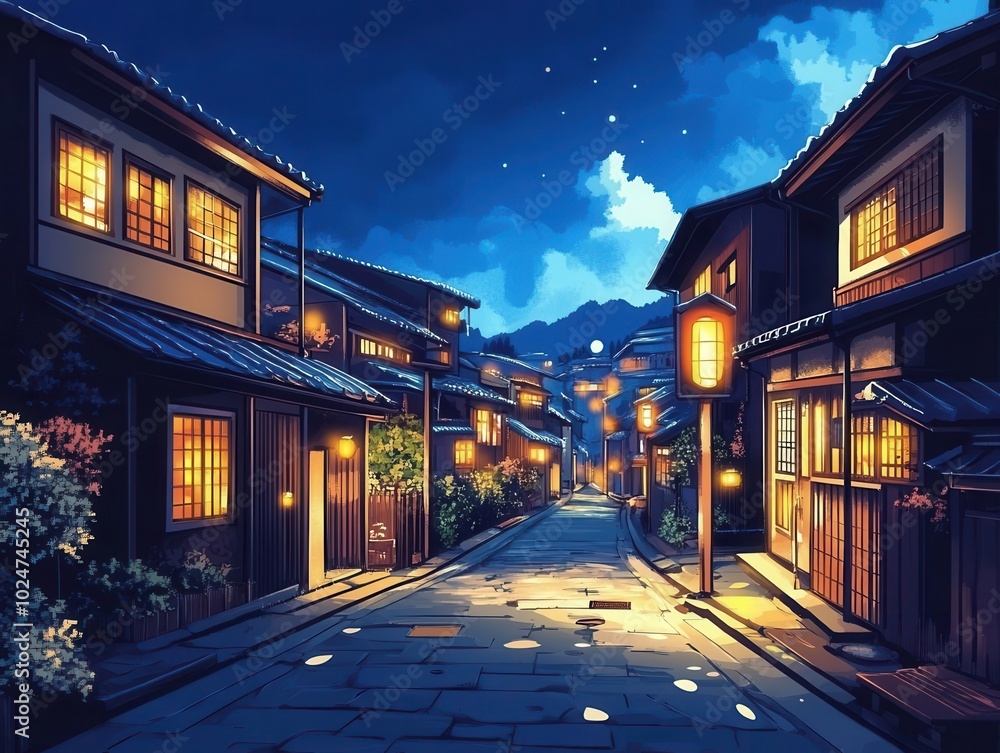 Fototapeta premium charming scene of a japanese tokyo town illuminated in the evening, houses lining the street, anime-inspired art style creating a cozy atmosphere, rich colors and inviting details