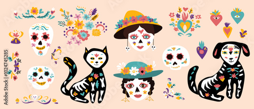 Mexican Death Day elements. Stickers for Dia de los muertos festival, musical party invitation and posters. Sugar skull, tatoo pets and floral elements, flowers and tatoo mask, bunting flags.