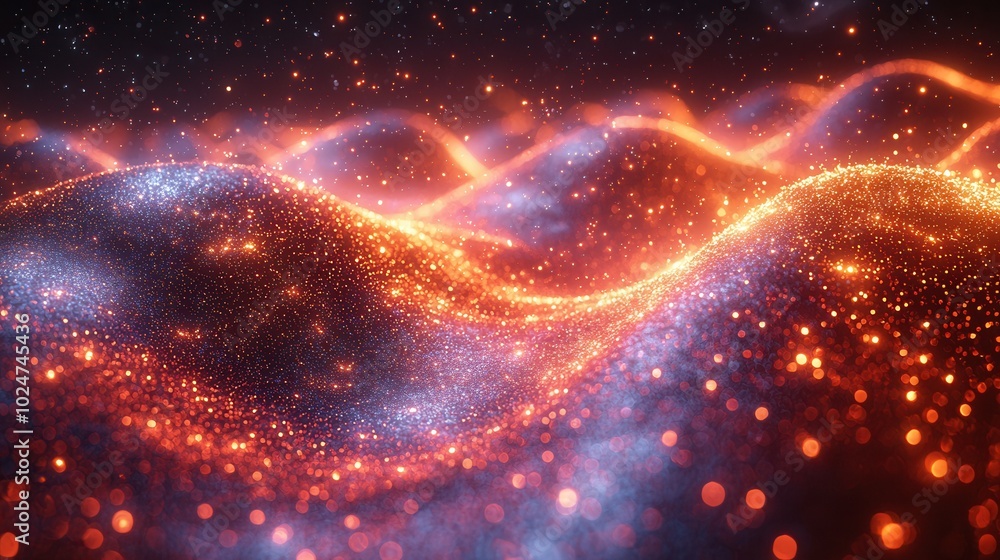 A vibrant abstract illustration featuring swirling waves of light in shades of orange and blue, resembling a cosmic scene filled with sparkling stars. A vibrant abstract illustration featuring swirling waves of light in shades of orange and blue, resembling a cosmic scene filled with sparkling stars.