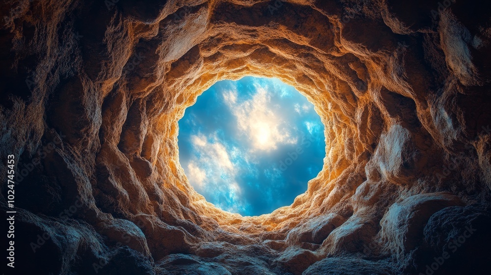 Abstract Tunnel Leading to Bright Light and Blue Sky, Symbolizing a Journey of Transformation, Hope, and Enlightenment in a Minimalistic Design Abstract Tunnel Leading to Bright Light and Blue Sky, Symbolizing a Journey of Transformation, Hope, and Enlightenment in a Minimalistic Design