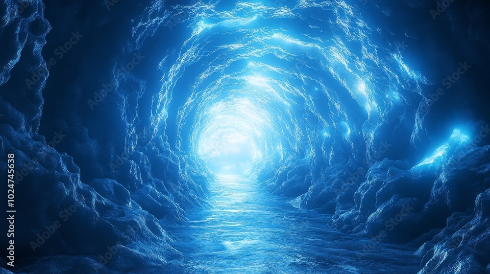 Fototapeta premium Abstract Tunnel Leading to Bright Light and Blue Sky, Symbolizing a Journey of Transformation, Hope, and Enlightenment in a Minimalistic Design