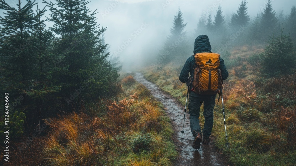 Hiker walking on a misty trail through a forested landscape. Hiker walking on a misty trail through a forested landscape.