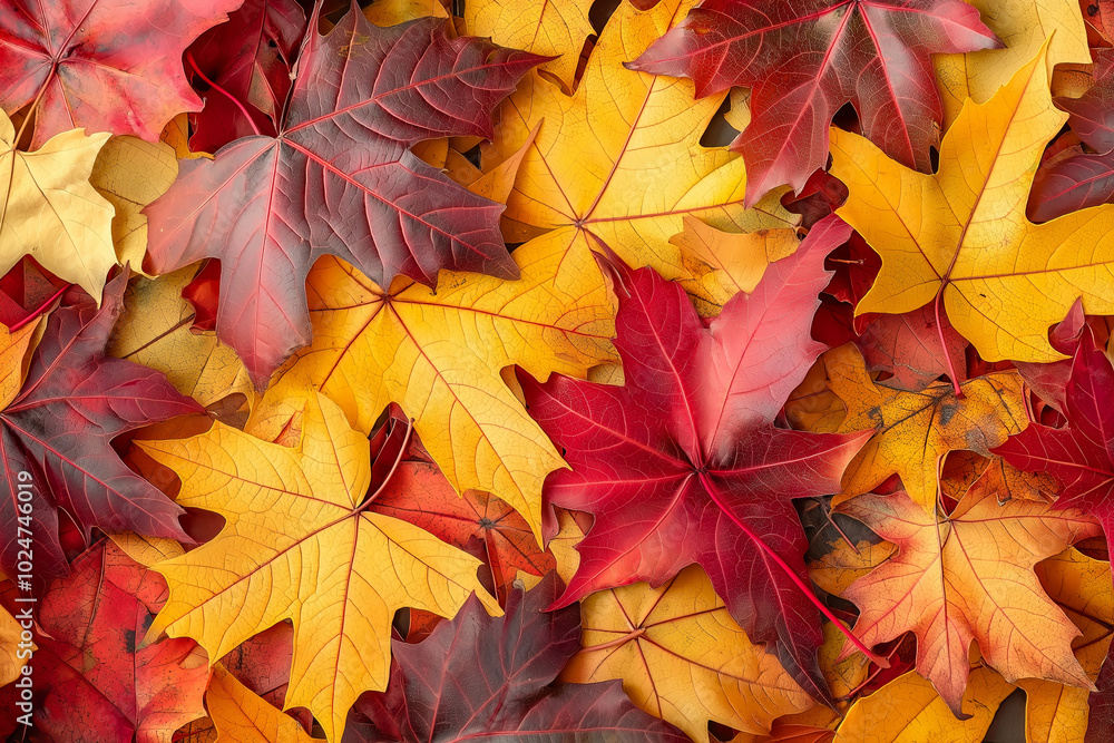 A vibrant array of multicolored autumn maple leaves beautifully arranged, showcasing nature's seasonal palette. A vibrant array of multicolored autumn maple leaves beautifully arranged, showcasing nature's seasonal palette.