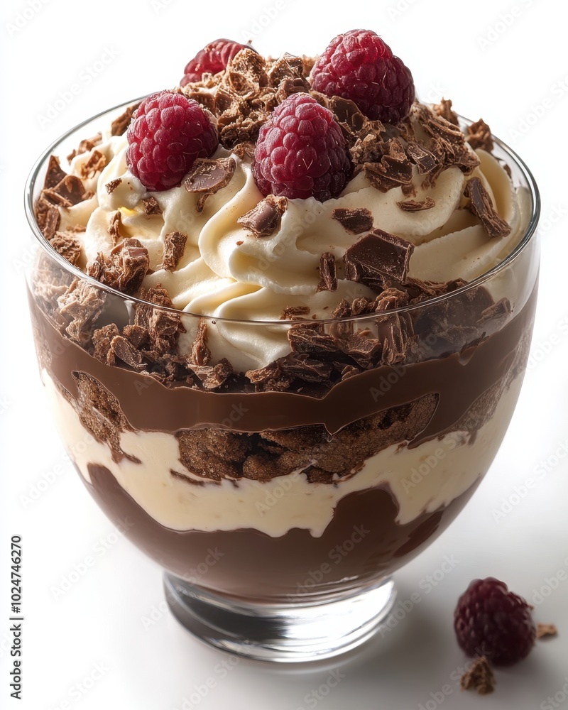 A rich chocolate trifle with layers of cream and cake, isolated on white background. A rich chocolate trifle with layers of cream and cake, isolated on white background.