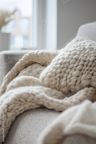 A close-up image showcasing a textured knitted pillow and a thick woolen blanket draped over a couch.