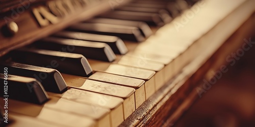 An up-close view of old piano keys showcasing their worn charm and conveying an aged, vintage aesthetic. photo