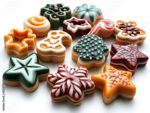 A set of holiday-themed cookie cutters in festive shapes, isolated on white background. 