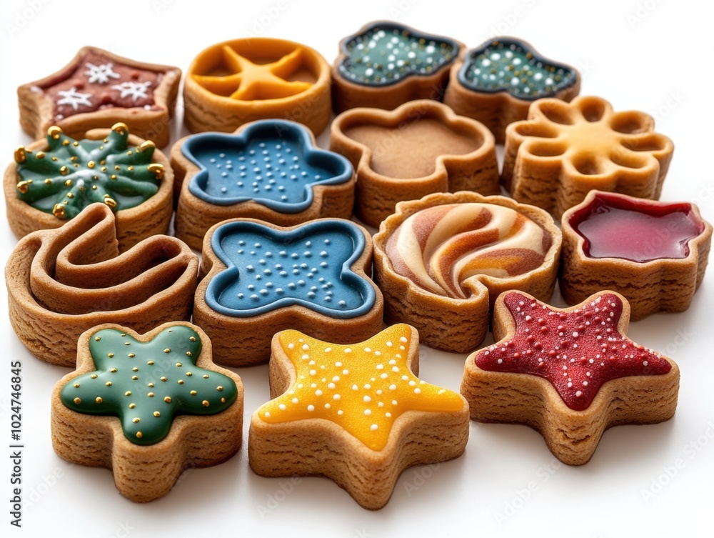 A set of holiday-themed cookie cutters in festive shapes, isolated on white background. A set of holiday-themed cookie cutters in festive shapes, isolated on white background.