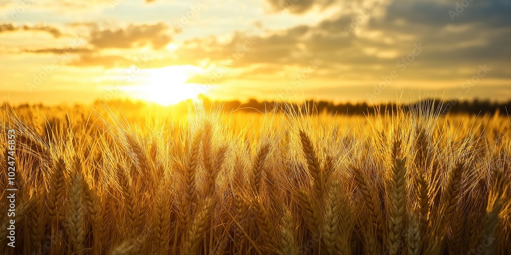 A vast golden wheat field is beautifully illuminated by a bright sunset, capturing the essence of nature's bounty. A vast golden wheat field is beautifully illuminated by a bright sunset, capturing the essence of nature's bounty.