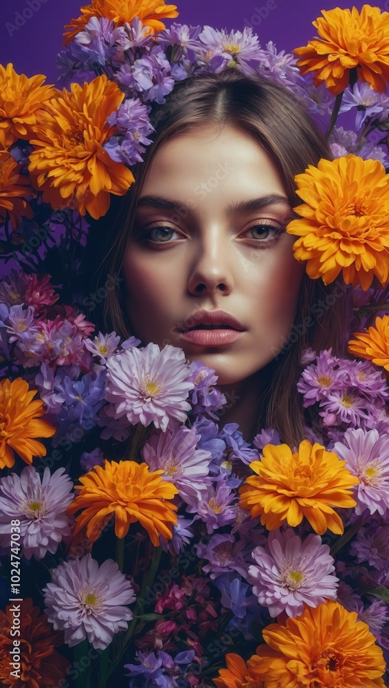 Woman with wavy hair framed by vibrant orange and yellow flowers Woman with wavy hair framed by vibrant orange and yellow flowers