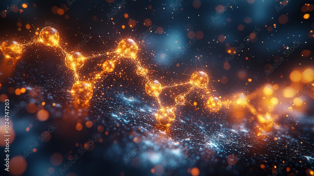 An abstract illustration of glowing orange molecular structures against a dark background, showcasing creativity and scientific elegance. An abstract illustration of glowing orange molecular structures against a dark background, showcasing creativity and scientific elegance.