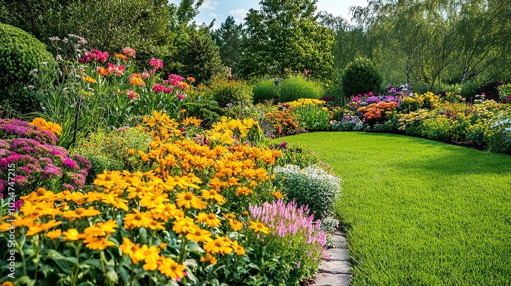 Obraz premium Vibrant flower garden with colorful blossoms lining a serene pond under a clear sky during daylight