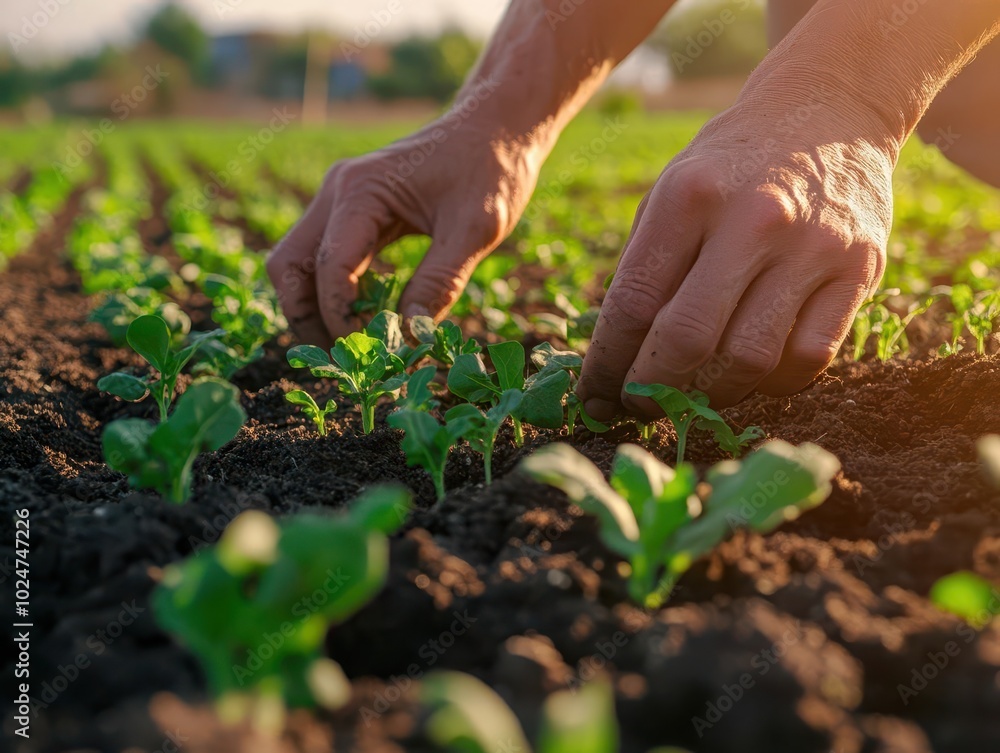 close-up of farmer's hands gently planting seedlings in rich, dark soil, sunlight casting warm tones over the lush regenerative agriculture field, representing sustainability close-up of farmer's hands gently planting seedlings in rich, dark soil, sunlight casting warm tones over the lush regenerative agriculture field, representing sustainability